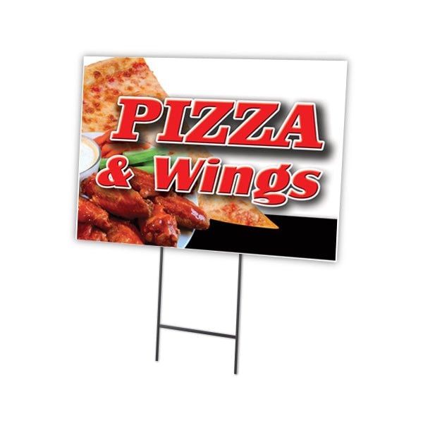 Pizza & Wings Yard Sign & Stake outdoor plastic coroplast window, C-1216-DS-Pizza & Wings